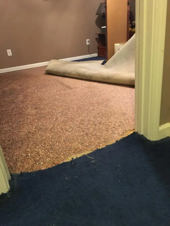 Carpet pad removal revealing water damage during Drying & Dehumidification in La Riviera